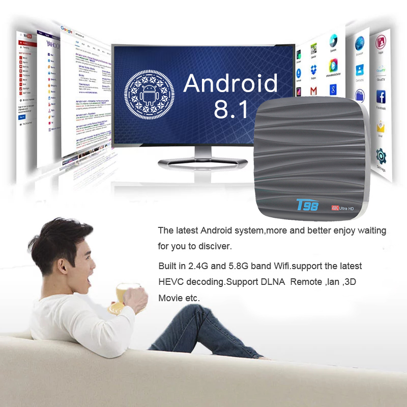 T98 Android 8.1 RK3328 4GB/32GB 4K TV BOX KODI 17.6 WIFI LAN HDMI VP9 H.265 USB3.0