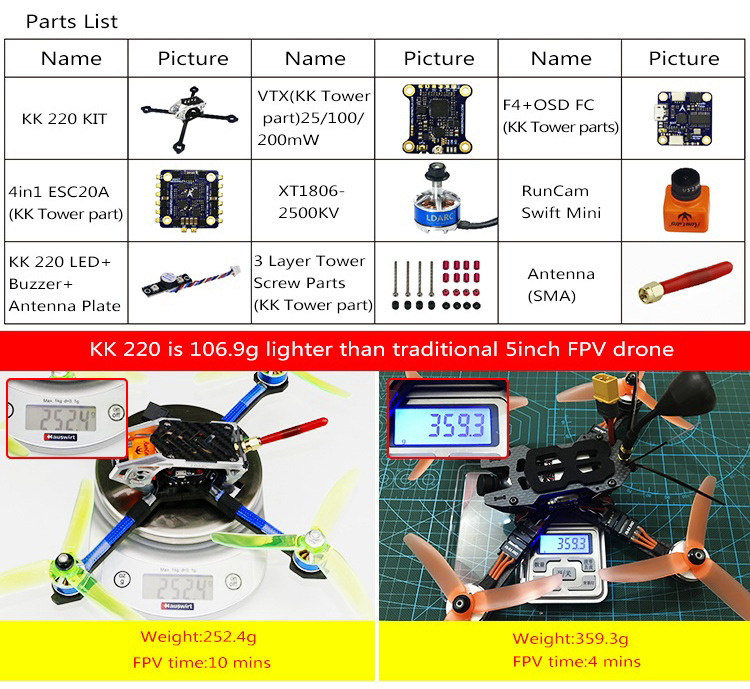 Kingkong/LDARC KK 220 FPV Racing Vistatech Quadcopter Drone With F4 FC