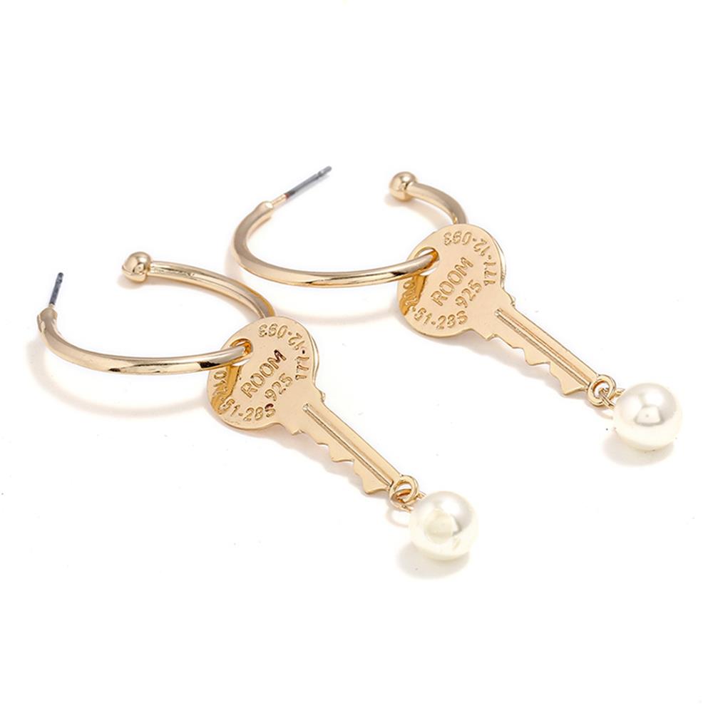 Women's Fashion Beautiful Stylish Jewelry Earrings Key Shape Pearl Pendant Earrings Set - Gold