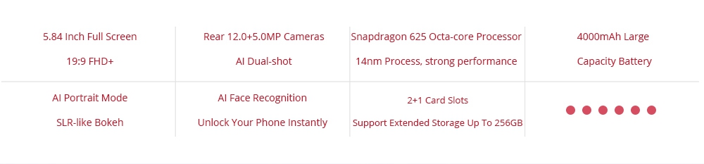 [HK Stock][Official Global Version]Xiaomi Mi A2 Lite 5.84 Inch Full Screen 4G LTE Smartphone Snapdragon 625 3GB 32GB 12.0MP+5.0MP Dual Rear Cameras Android 8.1 4000mAh Touch ID - Black