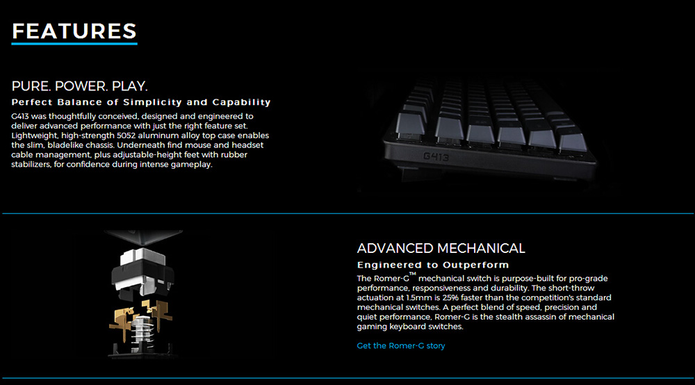 Logitech G413 Wired Gaming Mechanical Keyboard 104 Keys Monochrome Backlight USB Interface For Professional Gamers - Carbon Black