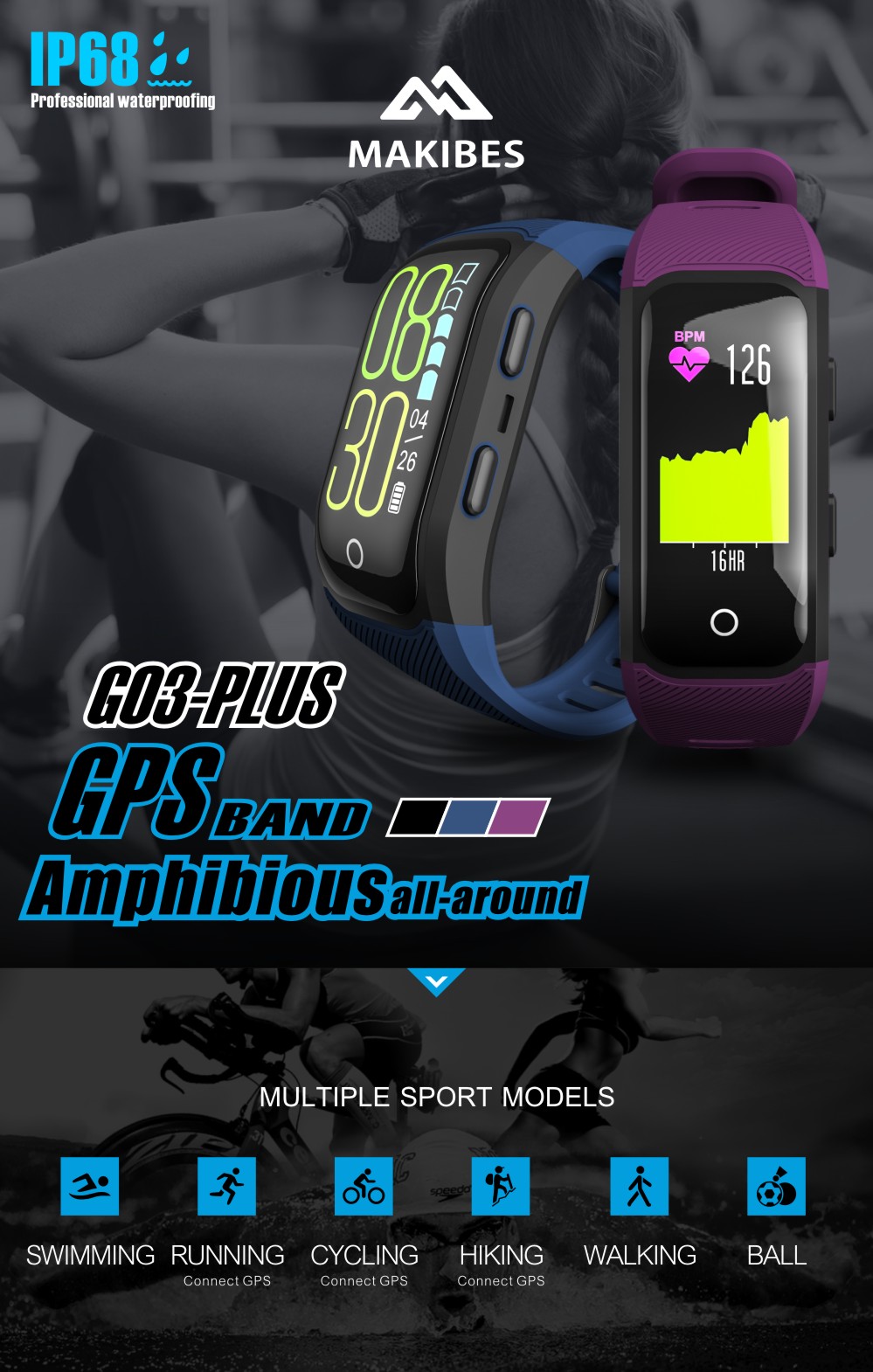 Makibes G03 Plus Smart Bracelet Built-in GPS Color Screen Dynamic Heart Rate Monitor IP68 Water Resistant Bluetooth Compatible With IOS Android - Blue