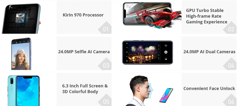 HUAWEI Nova 3 6.3 Inch FHD+ Screen 4G LTE Smartphone Kirin 970 6GB 128GB Dual 24.0MP Cameras Android 8.1 Type-C Touch ID OTG - Black