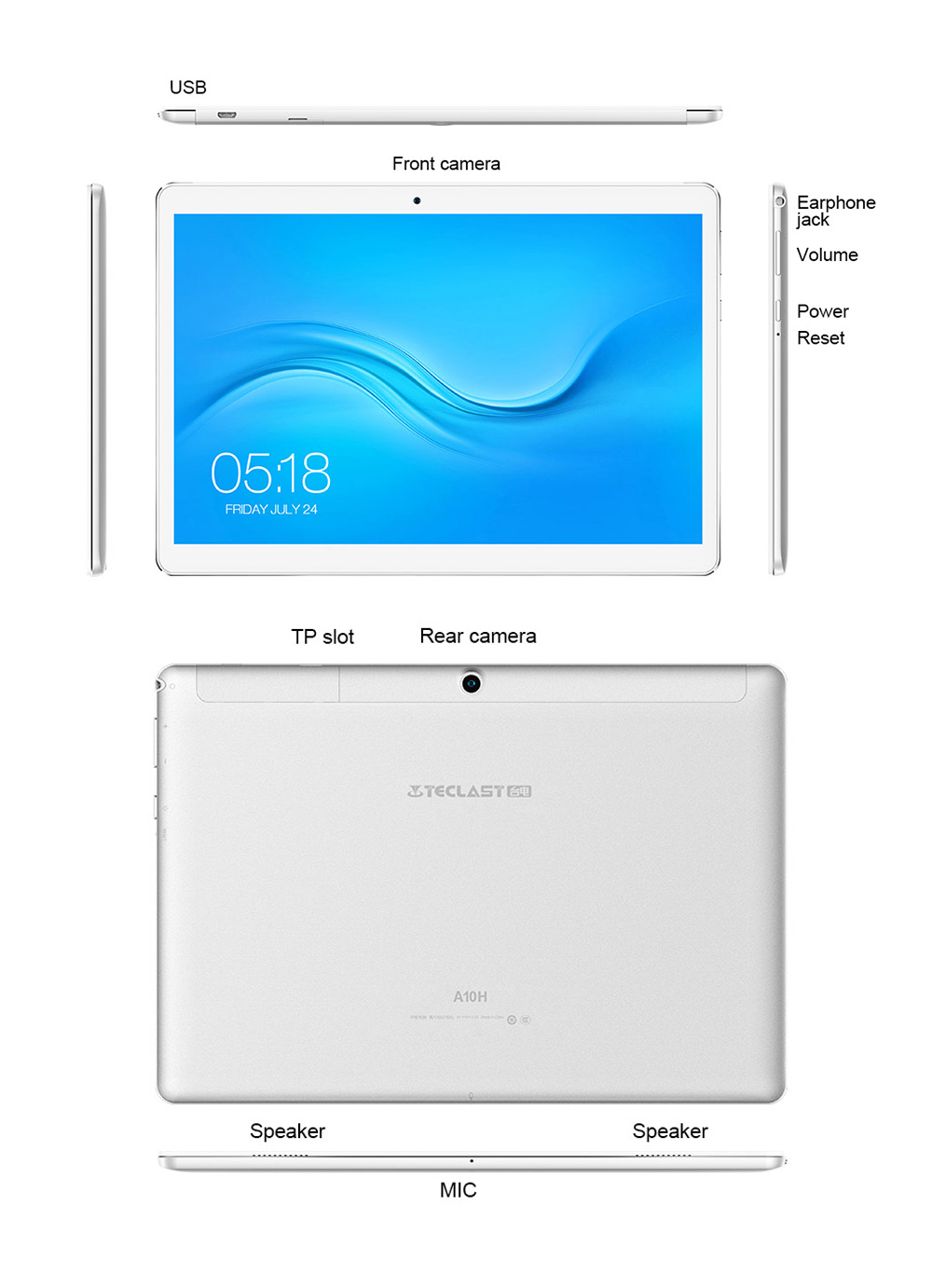 Teclast A10H Tablet PC MT8163 Quad Core 10.1" IPS 1280*800 2GB RAM 16GB ROM Built-in GPS Android 7.0 - White+Silver