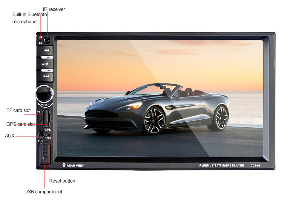 7020G 7 Inch Digital TFT Touch Screen Car Audio Stereo 1080P MP5 Player GPS System Auto Video Remote Control FM Function - Black