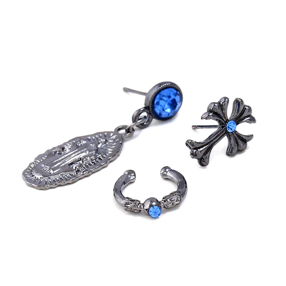 Women's Fashion Beautiful Stylish Jewelry Earrings Simple Vintage Asymmetric Design Diamond Cross Earrings Set - Black