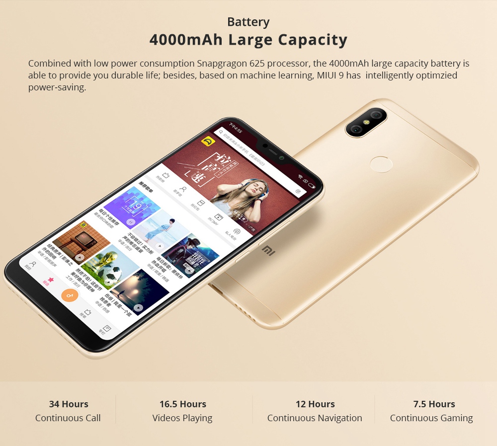 [HK Stock][Official Global Version]Xiaomi Mi A2 Lite 5.84 Inch Full Screen 4G LTE Smartphone Snapdragon 625 4GB 64GB 12.0MP+5.0MP Dual Rear Cameras Android 8.1 4000mAh Touch ID - Gold