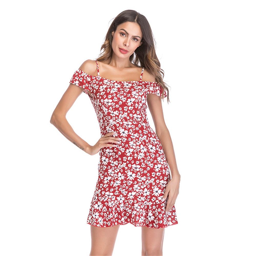 Fashion Women Summer Sexy Slim Sling Floral Print Of Shoulder Chiffon Mini Dress Size S - Red