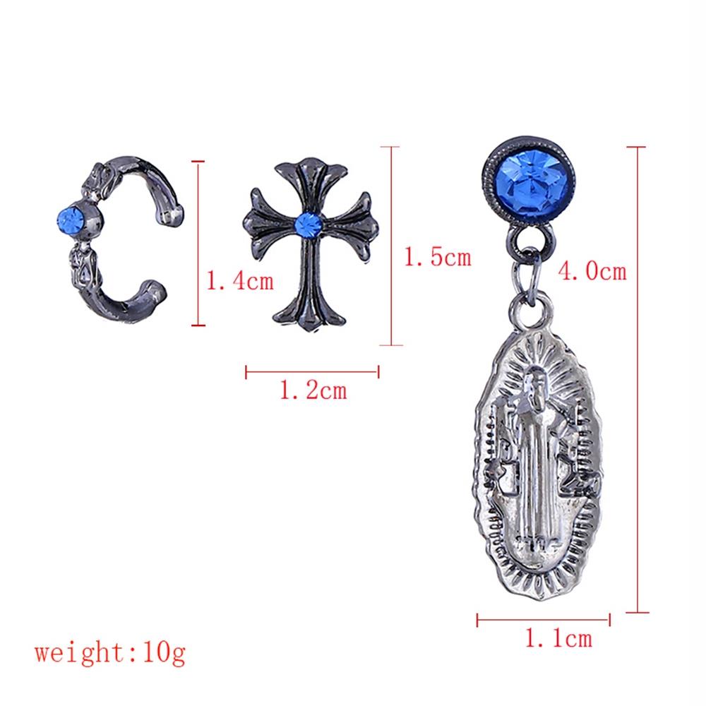 Women's Fashion Beautiful Stylish Jewelry Earrings Simple Vintage Asymmetric Design Diamond Cross Earrings Set - Black