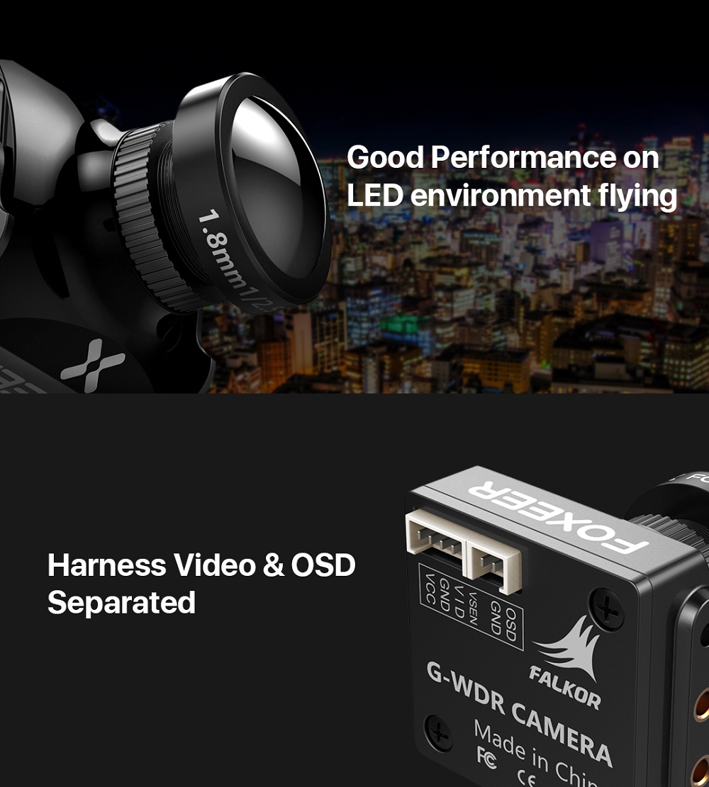 Foxeer Falkor WDR 1200TVL 1.8mm 1/3 CMOS Sensor Wide Voltage 5-40V OSD FPV Camera 4:3/16:9 NTSC/PAL Switchable - Black