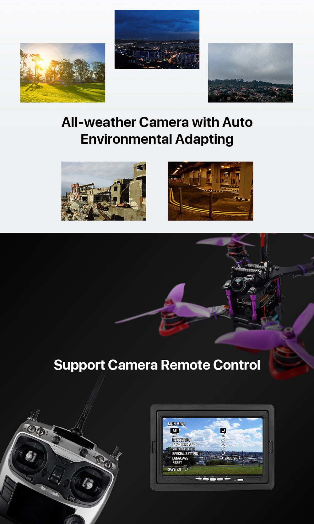 Foxeer Falkor WDR 1200TVL 1.8mm 1/3 CMOS Sensor Wide Voltage 5-40V OSD FPV Camera 4:3/16:9 NTSC/PAL Switchable - Black