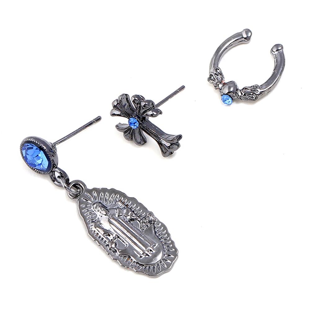 Women's Fashion Beautiful Stylish Jewelry Earrings Simple Vintage Asymmetric Design Diamond Cross Earrings Set - Black