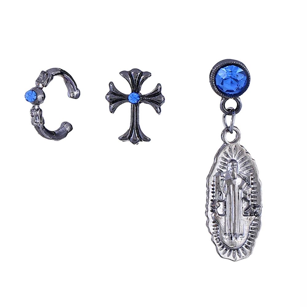 Women's Fashion Beautiful Stylish Jewelry Earrings Simple Vintage Asymmetric Design Diamond Cross Earrings Set - Black