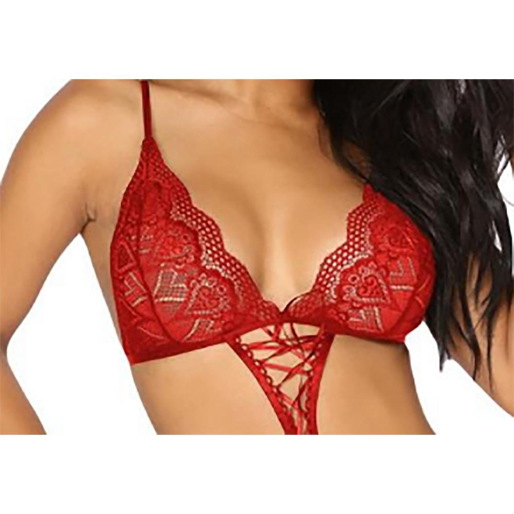 Women's Sexy Fashion Comfortable Lingerie Scalloped Lace Ribbon Detail Teddy Lingerie Size L - Red