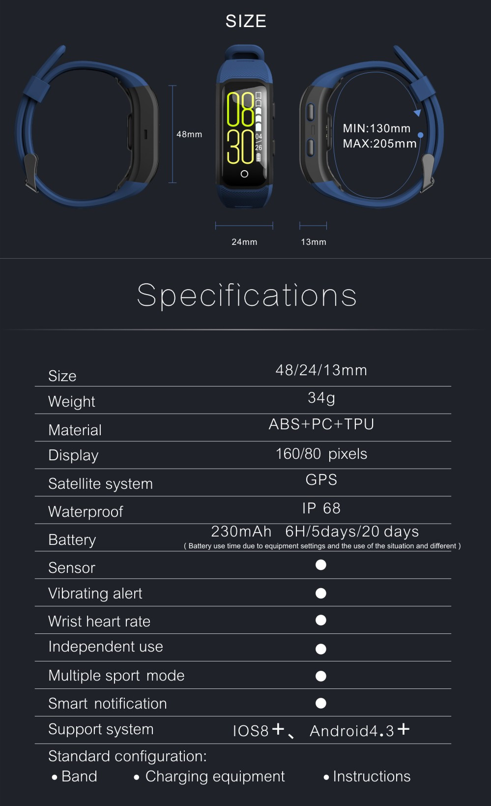 [Spain Stock]Makibes G03 Plus Smart Bracelet Built-in GPS Color Screen Dynamic Heart Rate Monitor IP68 Water Resistant Bluetooth Compatible With IOS Android - Black