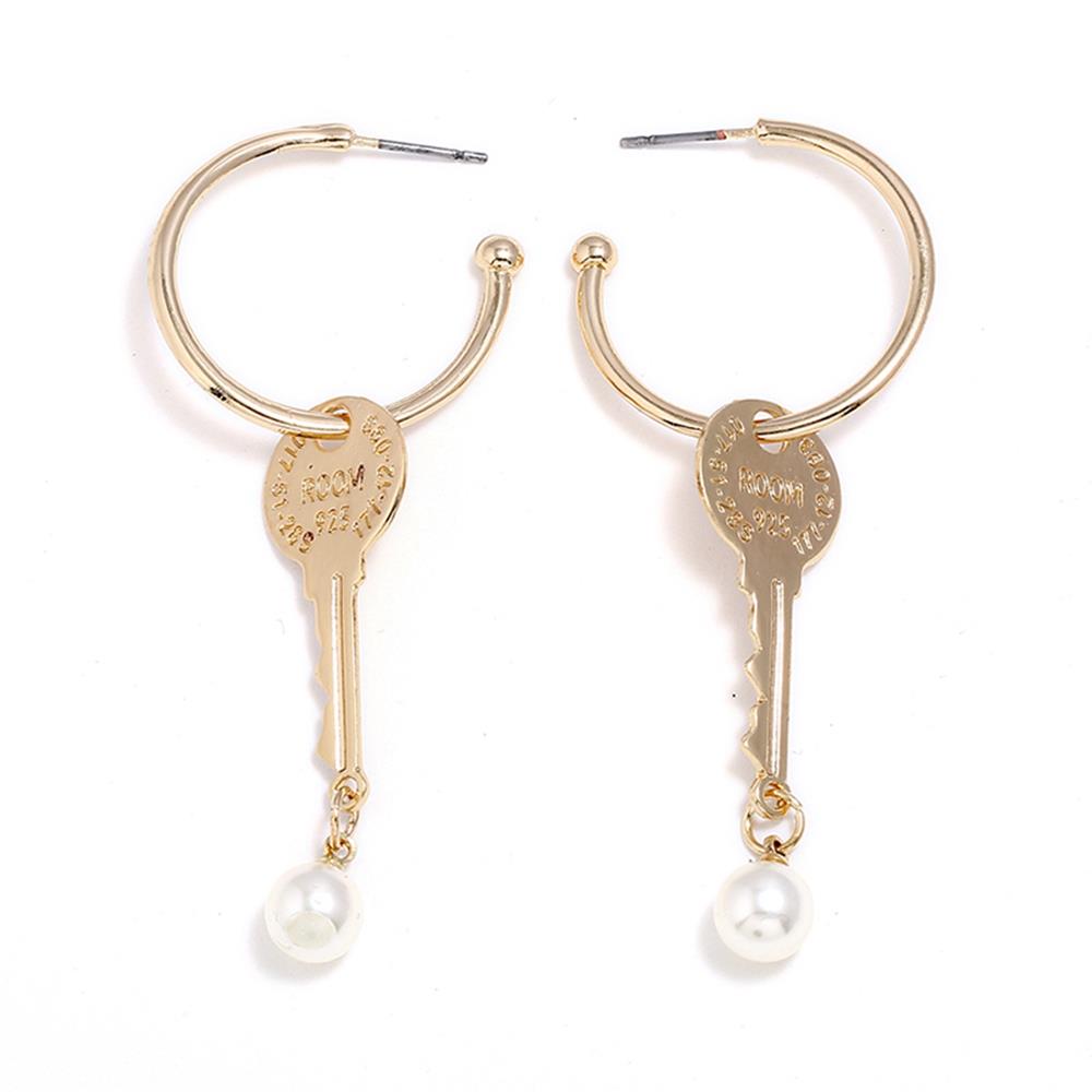 Women's Fashion Beautiful Stylish Jewelry Earrings Key Shape Pearl Pendant Earrings Set - Gold