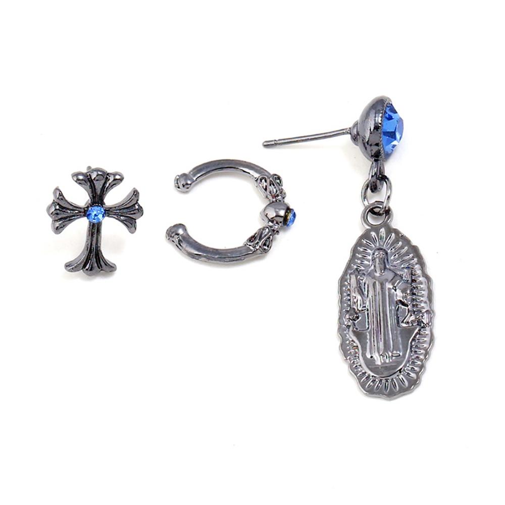 Women's Fashion Beautiful Stylish Jewelry Earrings Simple Vintage Asymmetric Design Diamond Cross Earrings Set - Black