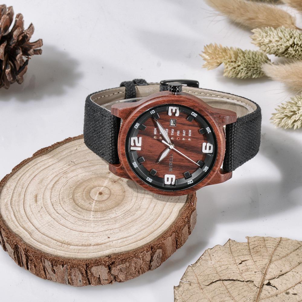 BEWELL Red Sandalwood Vintage Quartz Watch Leather Band Dial Plate Wristwatch Men - Black
