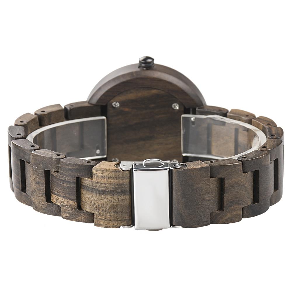 BEWELL Olive Wood Vintage Quartz Watch Leather Band Dial Plate Wristwatch for Women-Black