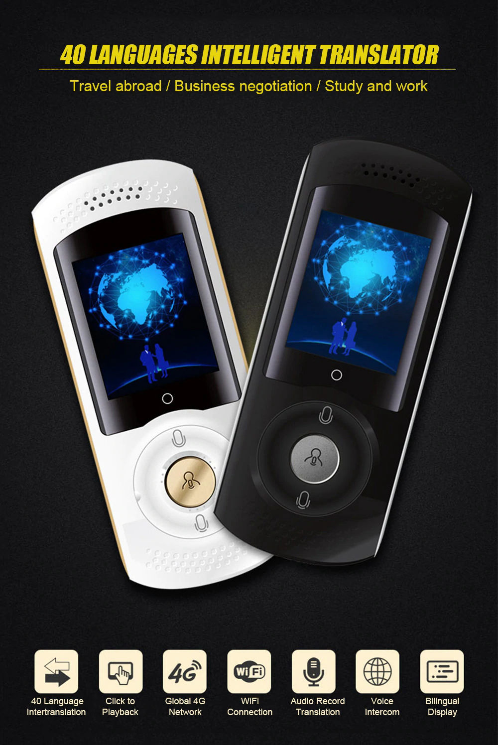 Intelligent Voice Translator Audio Record 40 Languages Black