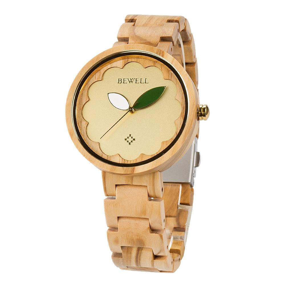 BEWELL Olive Wood Vintage Quartz Watch Leather Band Dial Plate Wristwatch for Women-Yellow