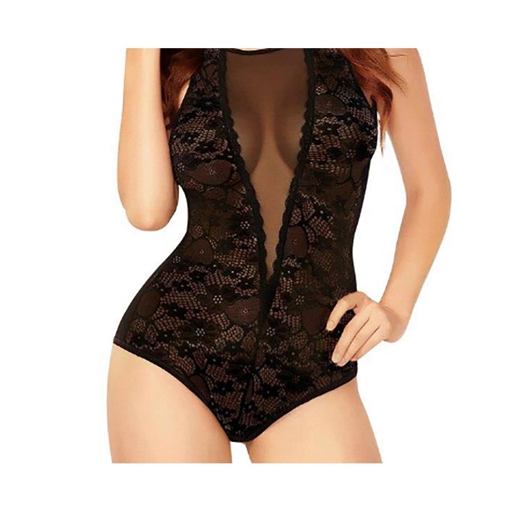 Black Allover Lace and Mesh Snap Crotch Keyhole Teddy Size L - Black