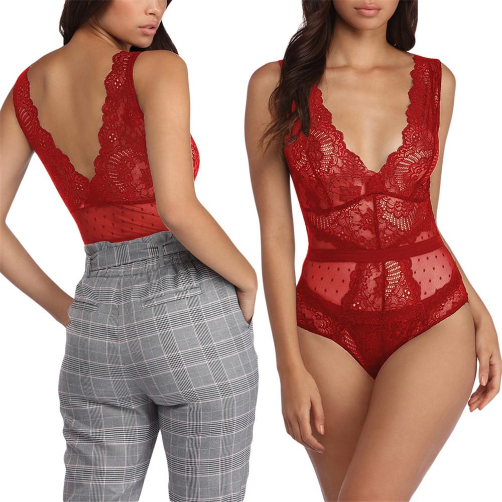 Black Scalloped Deep V Neck Lace Bodysuit LC32226-3 Size M - Red