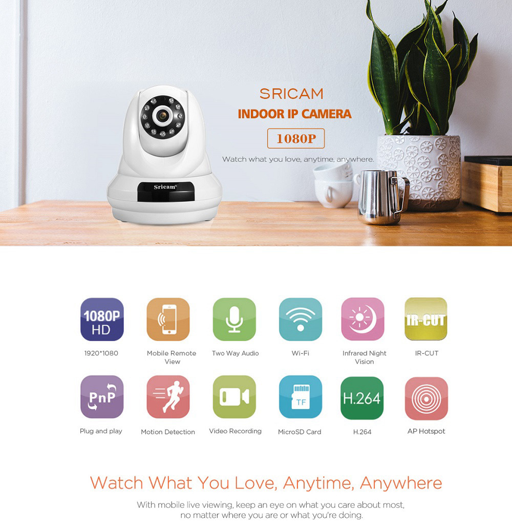 Sricam SP018 1080P Wifi IP Camera Wide-angle IR-CUT Infrared Night Vision Camera - White US Plug