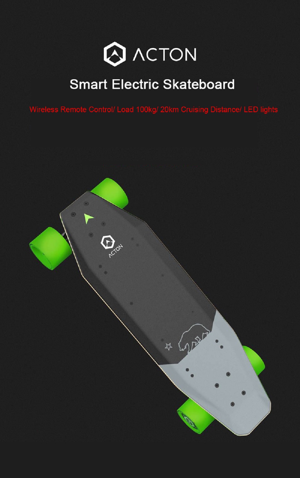 Xiaomi ACTON Smart Electric Skateboard Wireless Remote Control Omnidirectional LED Light Group 12KM Endurance - Grey + Green