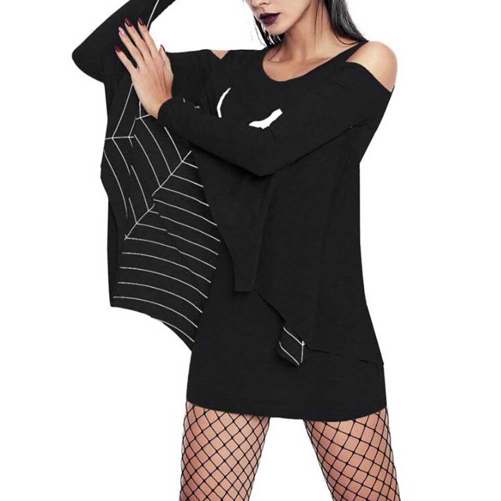 Women Sexy Halloween Uniform Spider Print Open Shoulder Bat Long Sleeve Party Stage Suit Size XXXL - Black