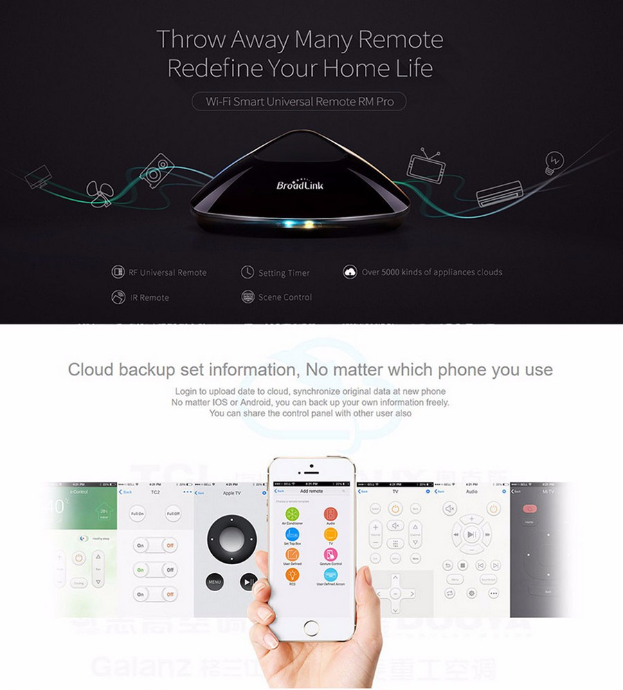 Broadlink RM Pro Smart Intelligent WIFI/IR/RF Remote Controll Center System for iPhone Android Device - Black
