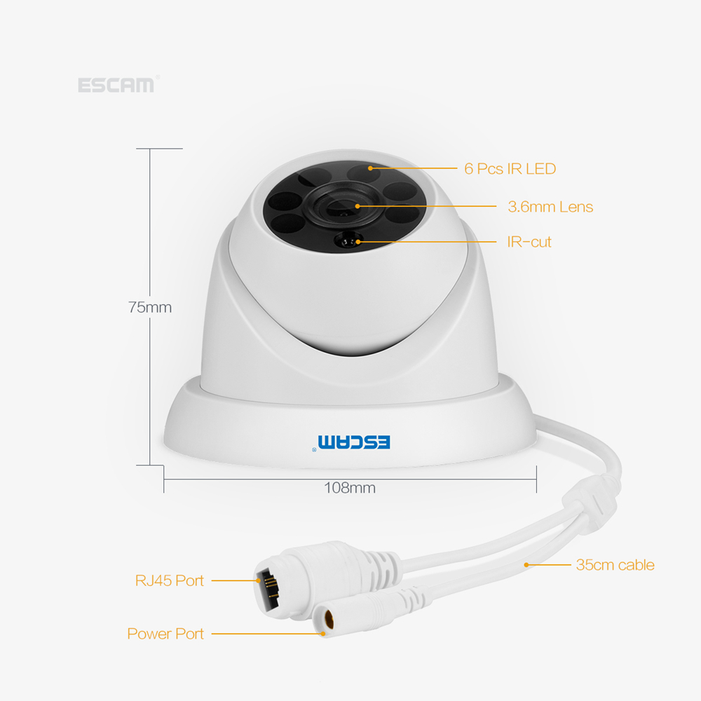 ESCAM QH001 Outdoor 1080P Dome IP Camera H.265 Day Night Vision Motion Detection Onvif Protocol 3D DNR IR distance - White/EU Plug