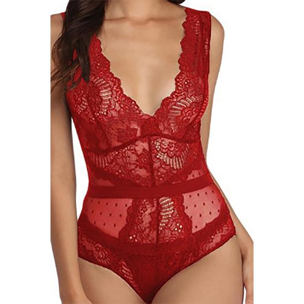 Black Scalloped Deep V Neck Lace Bodysuit LC32226-3 Size M - Red