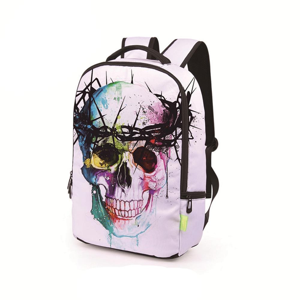 3D Creative Printed Color Skull Pattern Men And Women Rucksack Travel Satchel Backpack - White