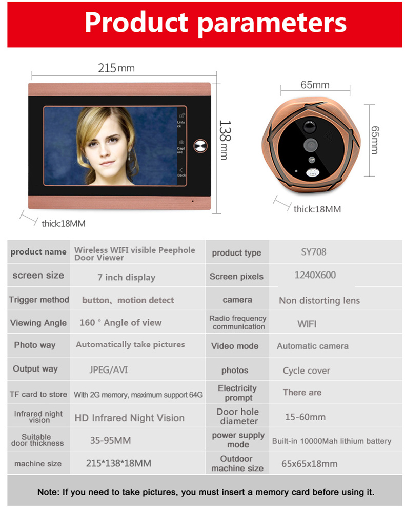 SY708G11 720P 7 Inch Video Door Peephole Camera Doorbell Intercom Kit 1-Camera 1-Monitor - Gold US Plug