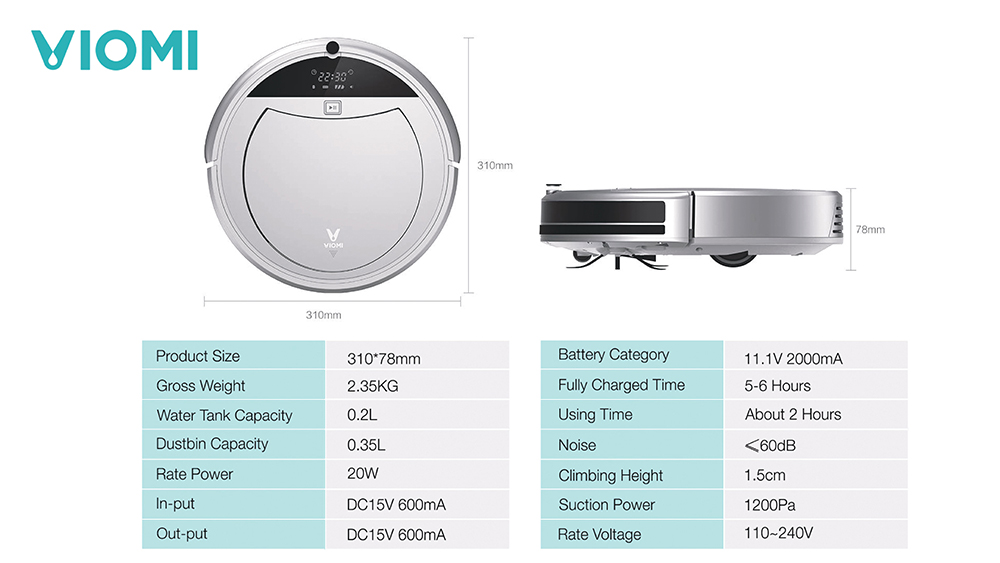 [International Version] Xiaomi Viomi Robot Vacuum Cleaner 1100Pa Suction Autonomous Path Planning Remote Control Clever Planning a Route - Gray