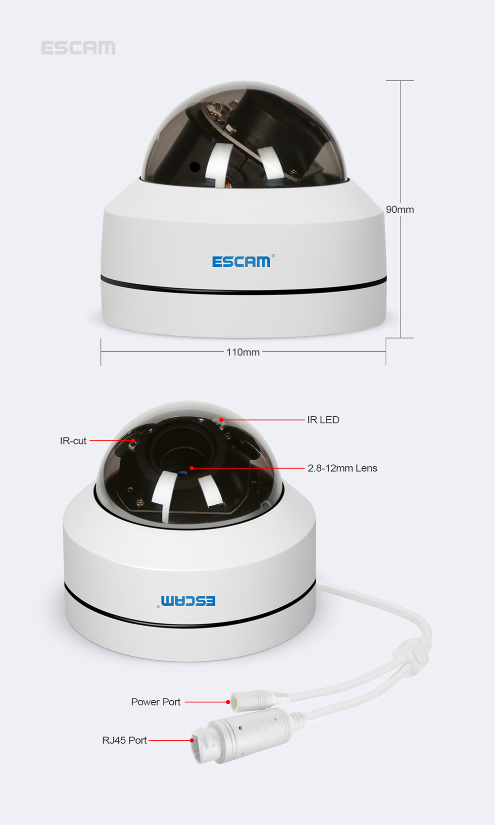 ESCAM PVR002 2MP HD 1080P IP PTZ Dome Camera 4X Zoom 2.8-12mm Lens Water Resistant Night Vision Motion Detection - White/US Plug