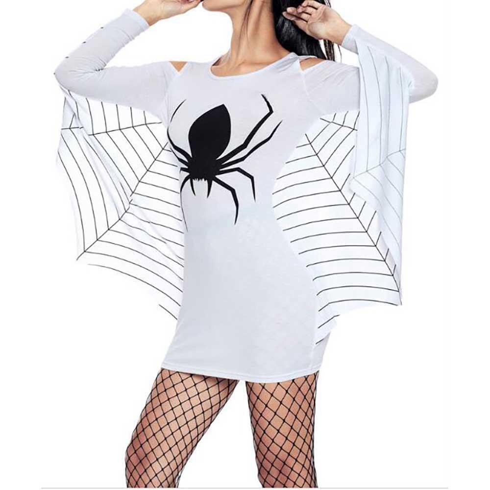 Women Halloween Uniform Spider Printed Open Shoulder Bat Long Sleeve Party Stage Suit Size 3XL - White