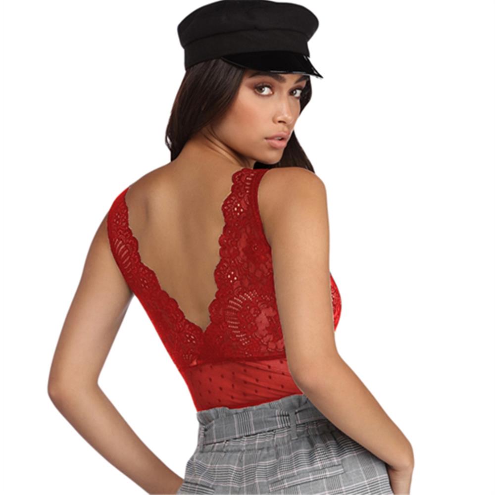Black Scalloped Deep V Neck Lace Bodysuit LC32226-3 Size M - Red