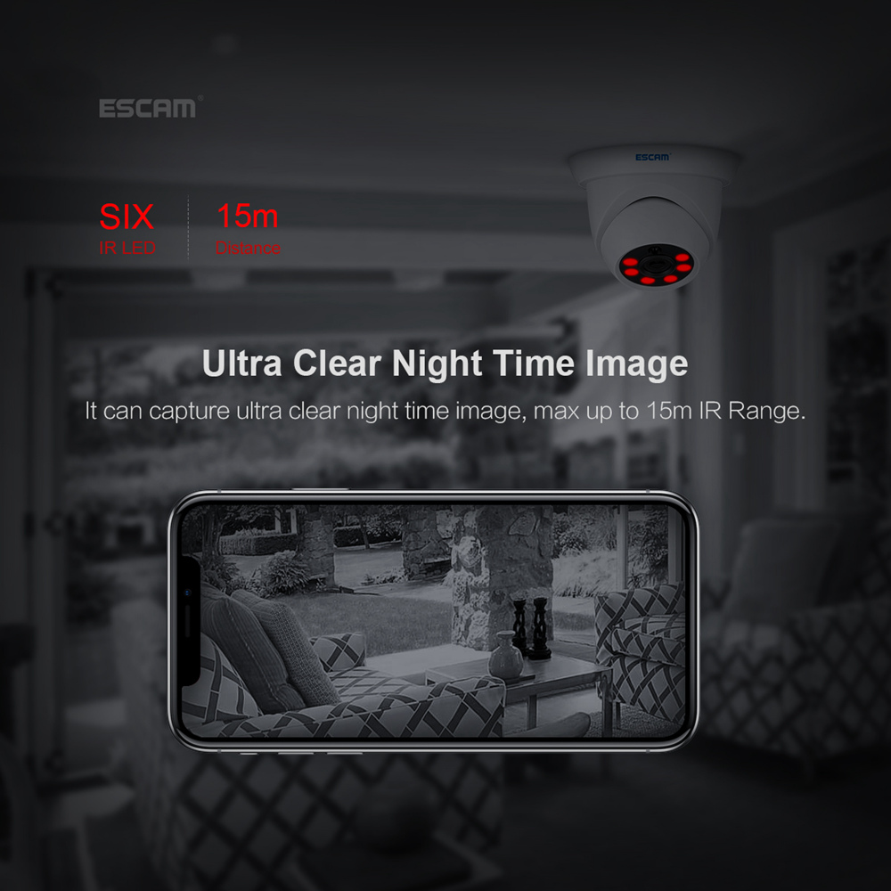 ESCAM QH001 Outdoor 1080P Dome IP Camera H.265 Day Night Vision Motion Detection Onvif Protocol 3D DNR IR distance - White/EU Plug