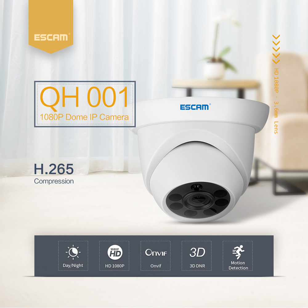 ESCAM QH001 Outdoor 1080P Dome IP Camera H.265 Day Night Vision Motion Detection Onvif Protocol 3D DNR IR distance - White/EU Plug