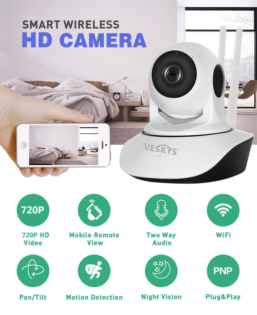 VESKYS N12 720P HD Wireless Security IP Camera 1.0MP Infrared Night Vision Surveillance Camera For Home Security - White/EU Plug