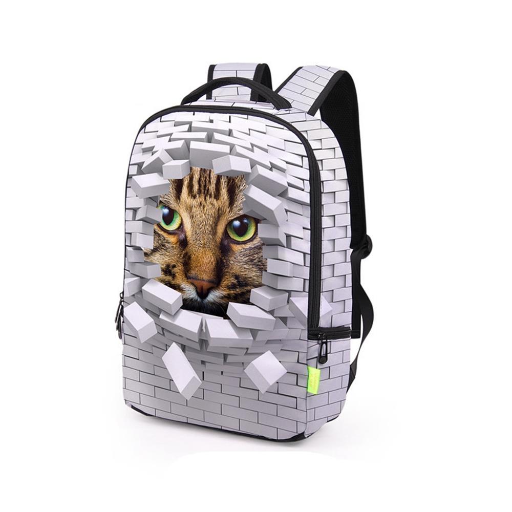 3D Creative Printed Wall Cat Pattern Men And Women Rucksack Travel Satchel Backpack - White