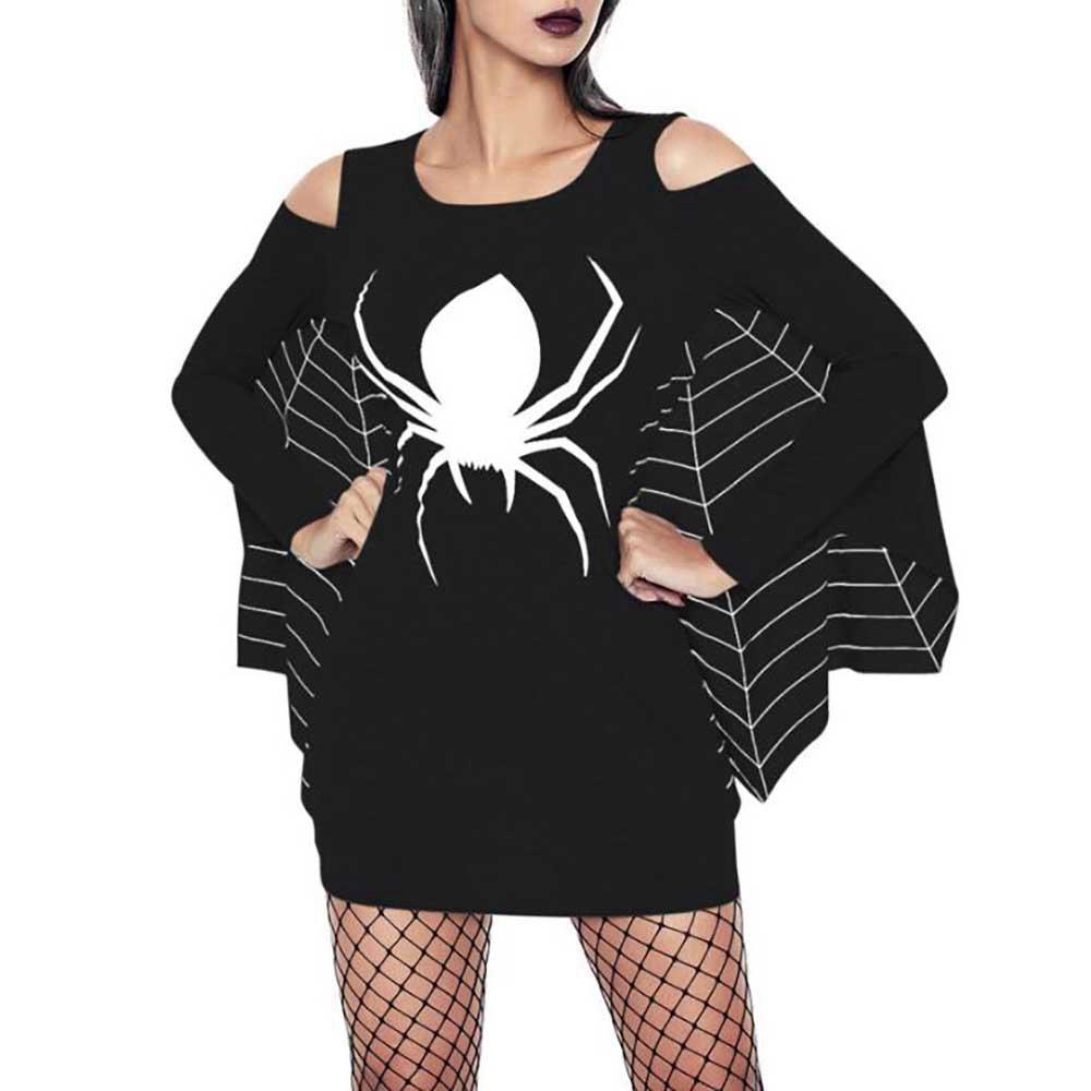 Women Sexy Halloween Uniform Spider Print Open Shoulder Bat Long Sleeve Party Stage Suit Size XXXL - Black