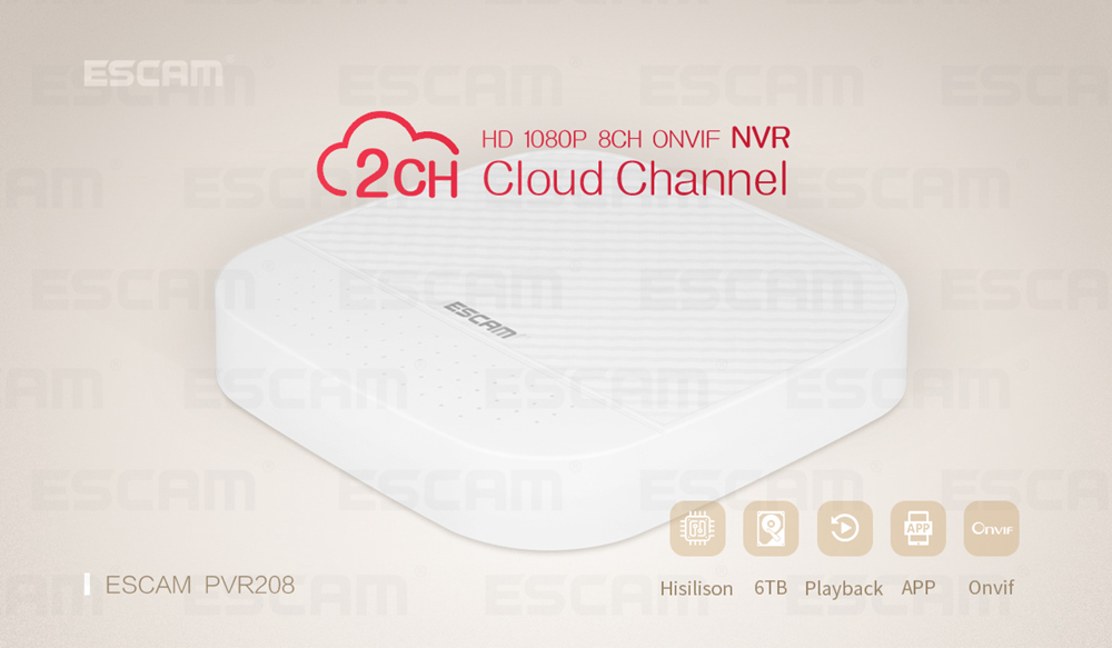 ESCAM PVR208 1080P 8+2CH ONVIF NVR with 2ch Cloud Channel For IP Camera System - White/UK Plug