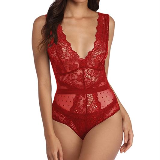 Black Scalloped Deep V Neck Lace Bodysuit LC32226-3 Size M - Red