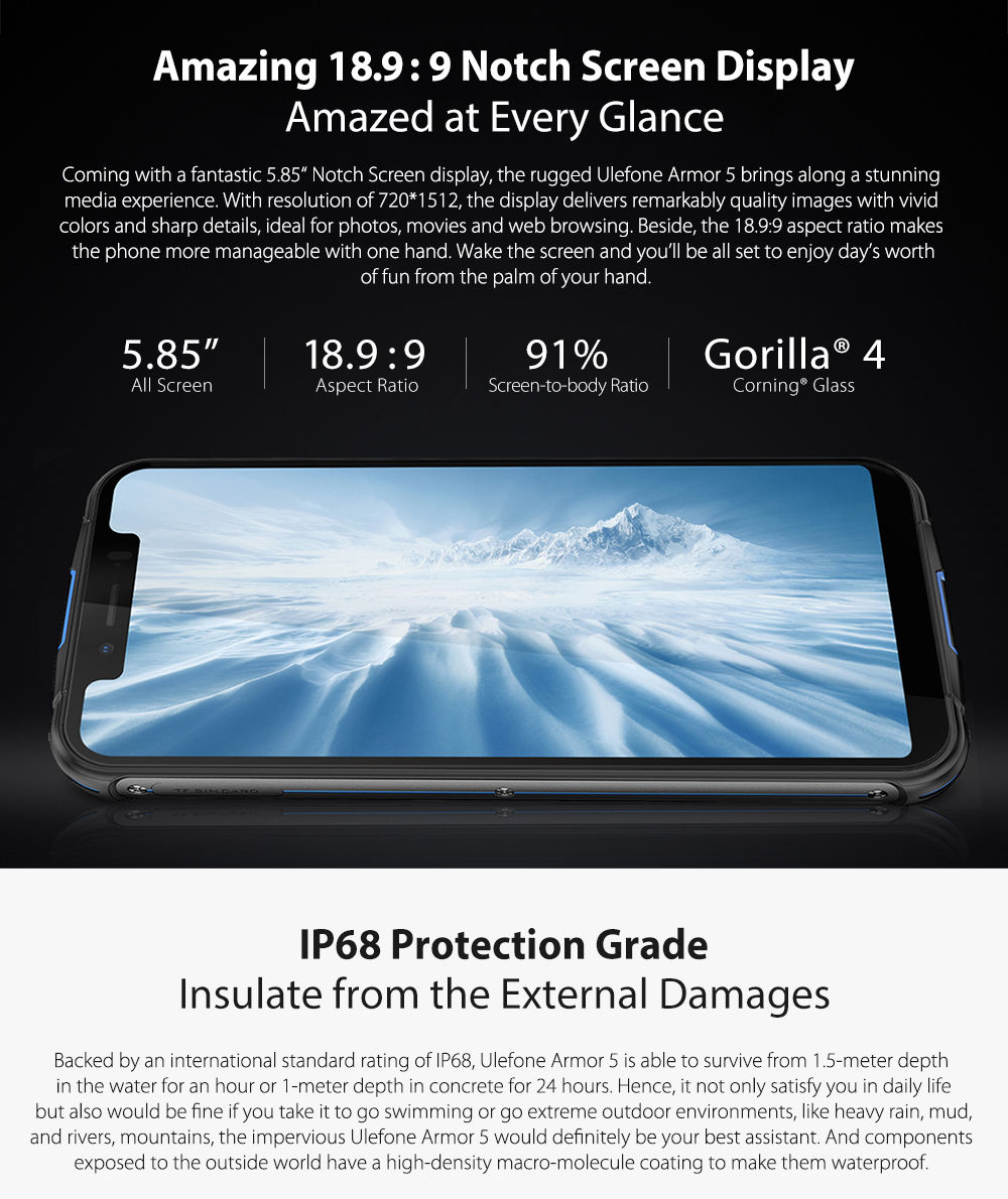 [HK Stock]Ulefone Armor 5 5.85 Inch 4G LTE Smartphone MT6763 4GB 64GB 16.0MP+5.0MP Dual Rear Cameras Android 8.1 IP68 Wireless Charging 5000mAh Type-C NFC - Blue