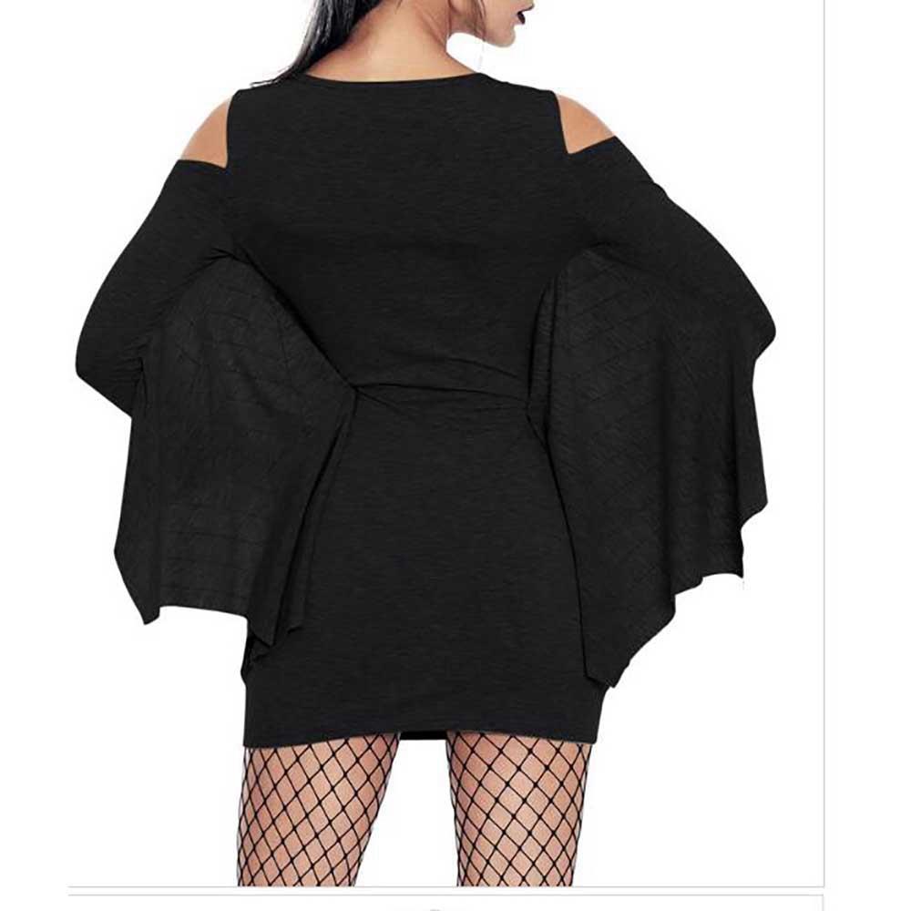 Women Sexy Halloween Uniform Spider Print Open Shoulder Bat Long Sleeve Party Stage Suit Size XXXL - Black