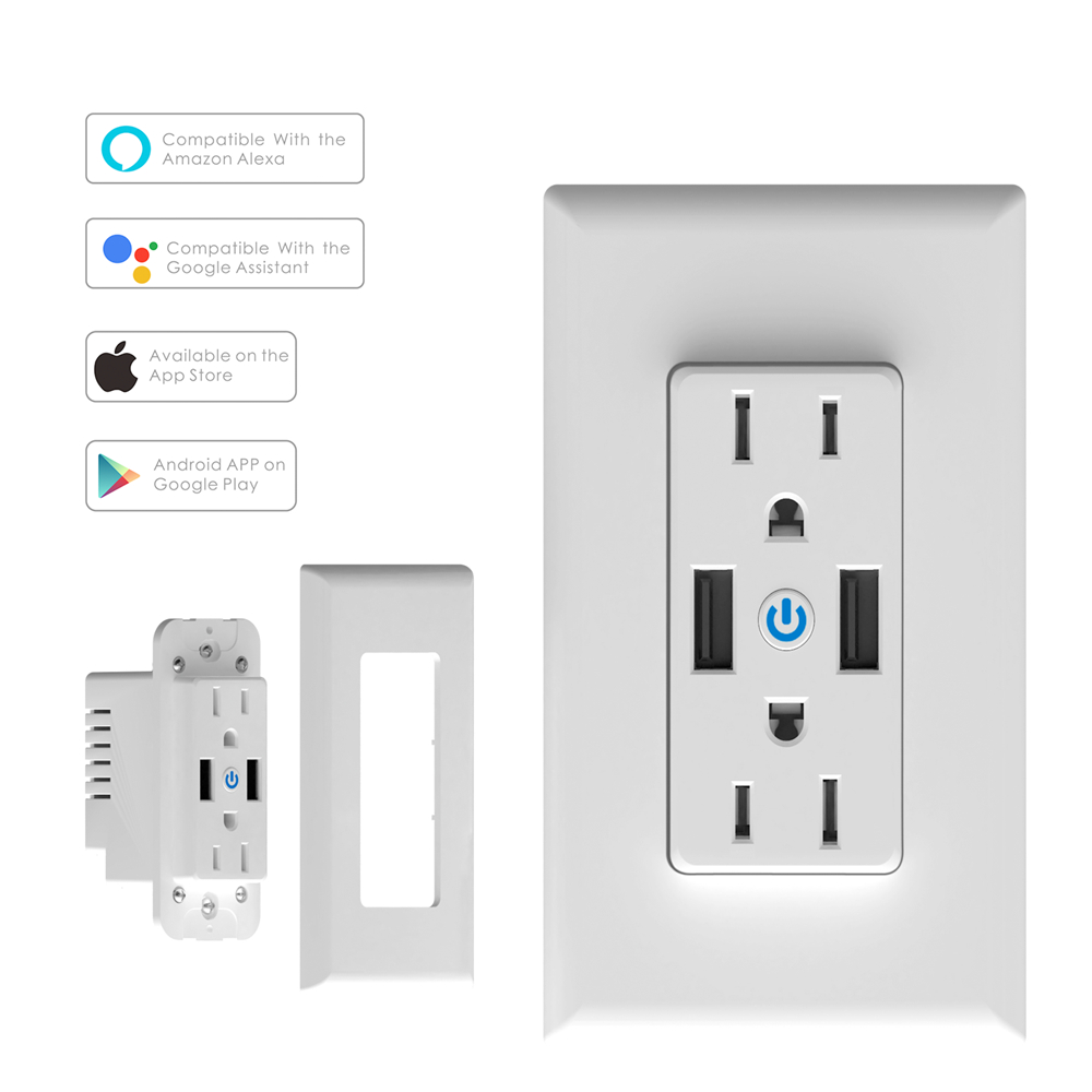 Geekbes Smart Wall Socket WiFi Remote Control Wall Outlet Socket with 2USB Charging Port Works with Amazon Alexa & Google Home - White/US Plug