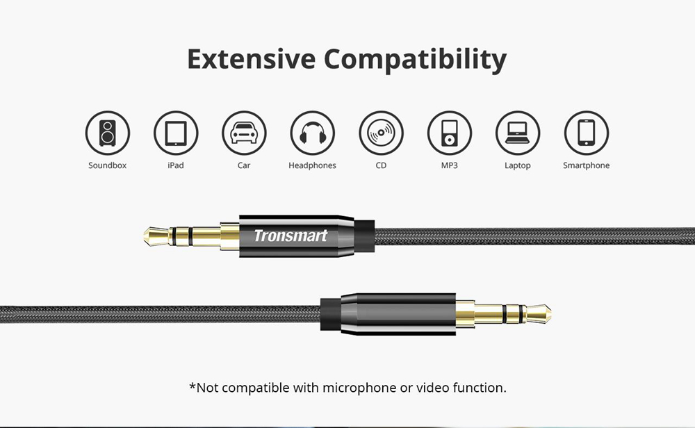 Tronsmart S3C01 3.5mm Male to Male Premium AUX Audio Cable 4ft/1.2m for Headphones, iPods, iPhones, iPads - Black